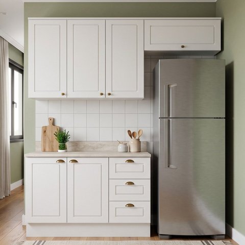 Cozinha Compacta Modulada 100% MDF 3 Peças com Tampo Branca Emily