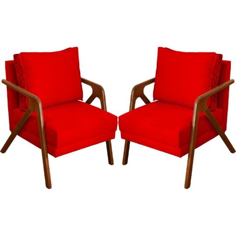 Kit 2 Poltronas Decorativa para Sala Shine Suede Cores Pé Castanho - Vermelho, Suede