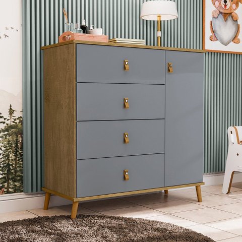 Cômoda Sapateira Jujuba MDF Nature e Cinza Organizador Infantil Quarto Criança Moderno Compacto