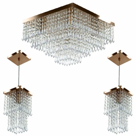 Kit 1 Lustre Cristal Acr Dream + 2 Pendentes Spark Cobre