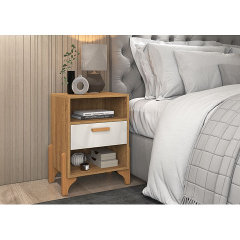 Mesa de Cabeceira com 1 Gaveta e Pes de Madeira Natural:freijo Off White
