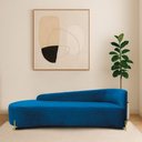 Ver imagem 1 de Divã Recamier Orgânico França 200cm Lado Esq Pés Metal Dourado Linho Azul Royal