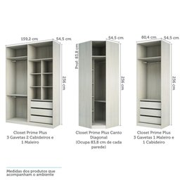 Guarda Roupa Canto Closet sem Portas 3 Peças, 6 Gavetas, 4 Cabideiros Prime Luciane Móveis - 3