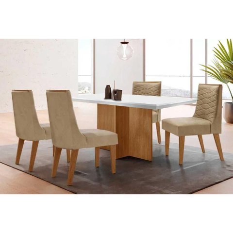 Conjunto: Mesa Sala Jantar Berlim Tampo c/ Vidro Curvo 90cm+4 Cadeiras Maldivas Madeira Naturale/Off