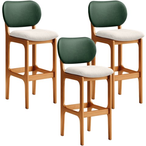 Kit 3 Banquetas Alta Bar Cozinha Sala Jantar Betta L02 Imbuia Facto Verde Linho Cru - Lyam Decor