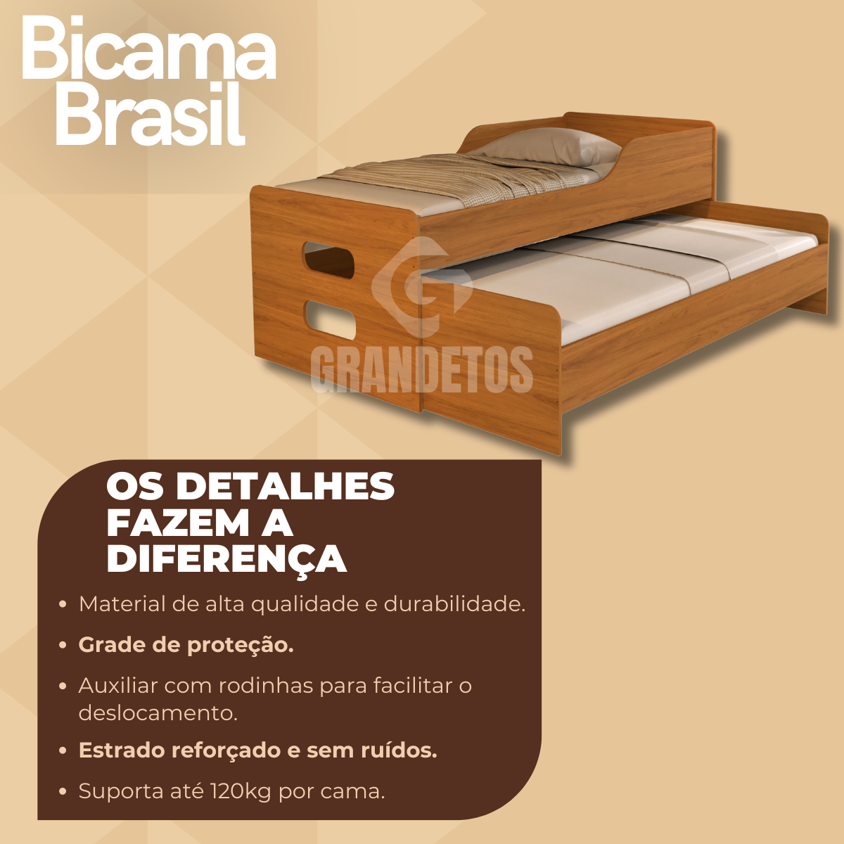 Bicama Solteiro Brasil Cama com Auxiliar e 2 Colchões D20 Cor:nature - 3