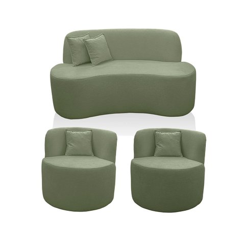 Kit 2 Poltrona com Sofá Curvo 2 Lugares Feijão Forma Orgânica 1,50 Bouclé Maranata