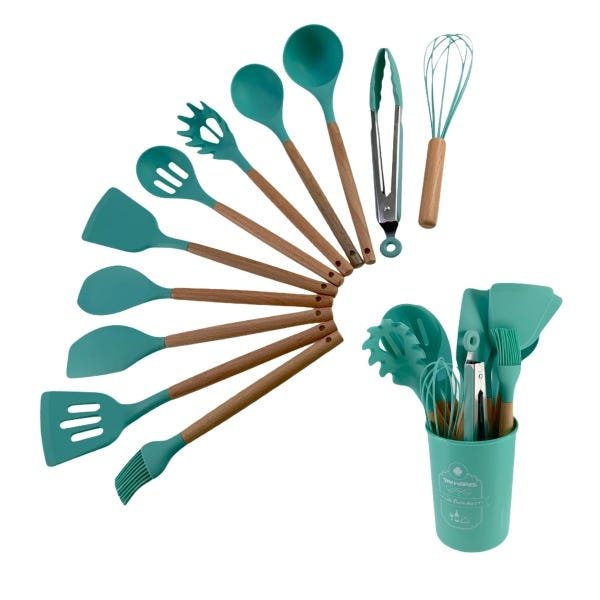 Kit 12 Pçs Utensílios De Cozinha Silicone Espátula Pão Duro Pincel Colher Batedor Concha