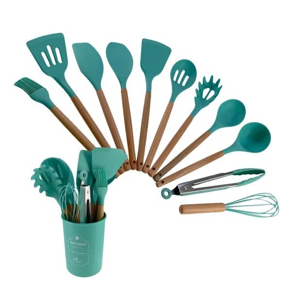 Kit 12 Pçs Utensílios De Cozinha Silicone Espátula Pão Duro Pincel Colher Batedor Concha - 11