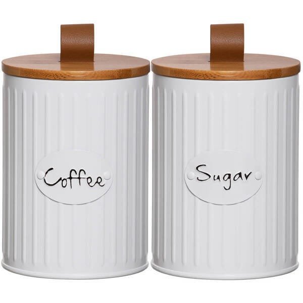 Conjunto 2 Latas Porta Café e Açúcar Branco Vintage Tampa Hermética em Bambu Yoi - 1