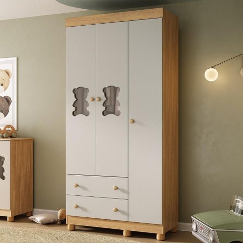 Guarda-roupa Infantil 92cm com Vidro 3 Portas e 2 Gavetas Fofura Multimóveis Mp4482 Madeirado/off
