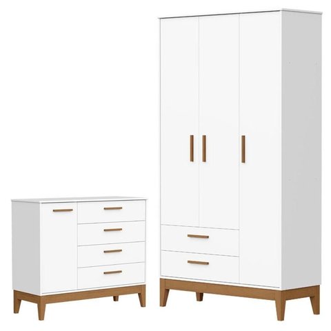 Guarda Roupa Infantil Flip 3 Portas com Cômoda Infantil Sapateira Flip Branco Acetinado - Reller