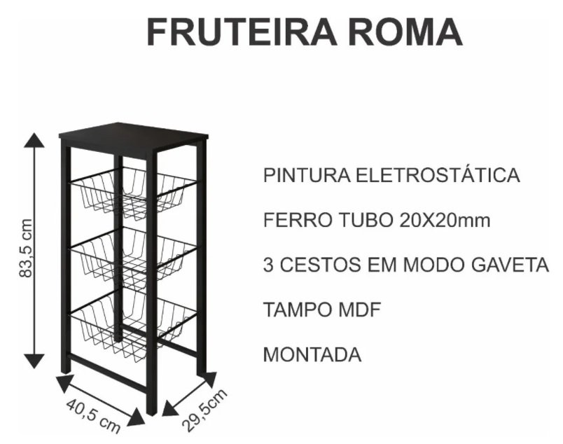 Fruteira de Chão Cozinha Montada Aço Preto Tampo Canela Roma - 2