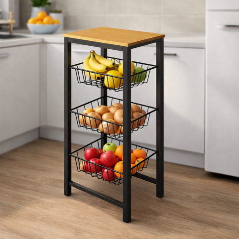 Fruteira de Chão Cozinha Montada Aço Preto Tampo Canela Roma