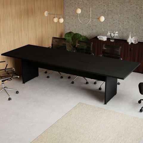Mesa de Reunião Escritório 300cm x 110cm 08 Pessoas 2 Caixas para Tomadas 100% MDF Preto F5 Office