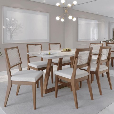 Conjunto de Jantar Mesa com Vidro Bennett 6 Cadeiras Saga - Linho Off White - Linked 02