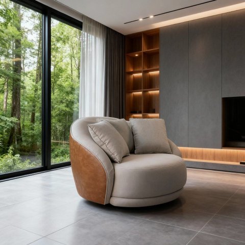 Poltrona Ibiza Giratória Linho Bege Corino Caramelo 122cm Almofadas Premium para Sala