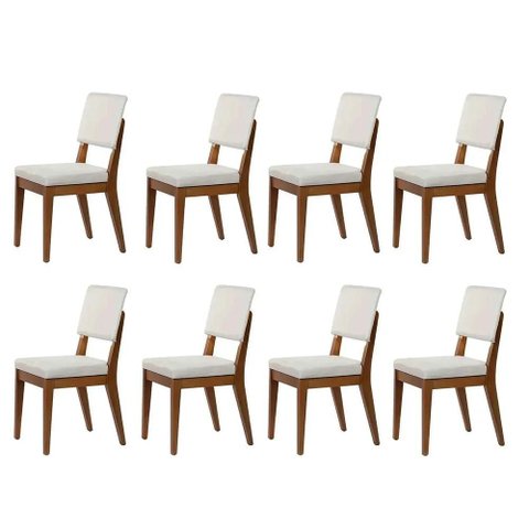 Kit com 8 Cadeiras de Madeira Maciça Estofada Ella - Natural C/ Linho Off White