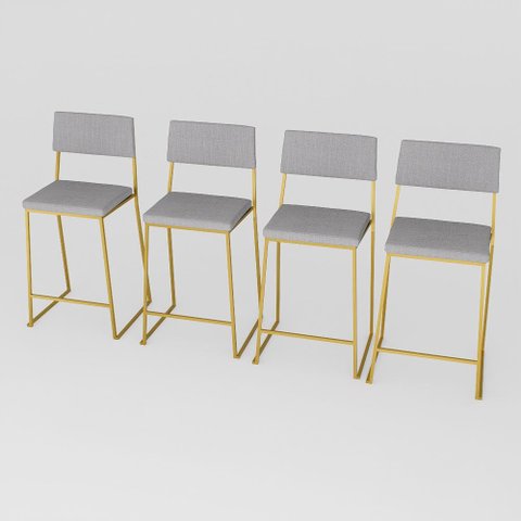 Kit 4 Banquetas Alta Balcão Estofada com Encosto Dourada Linho Dubai