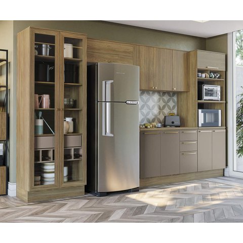 Armário de Cozinha Modulada Completa Reta 6 Peças 3,50m 239 Botanic Kappesberg - Nogueira/fendi