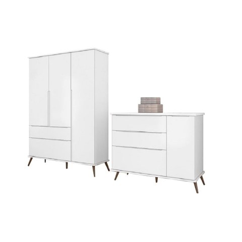 Kit Quarto Infantil Bebê Melinda Retrô Com Pés Cômoda 3 Gavetas E Guarda Roupa 3 Portas 2 Gavetas Br