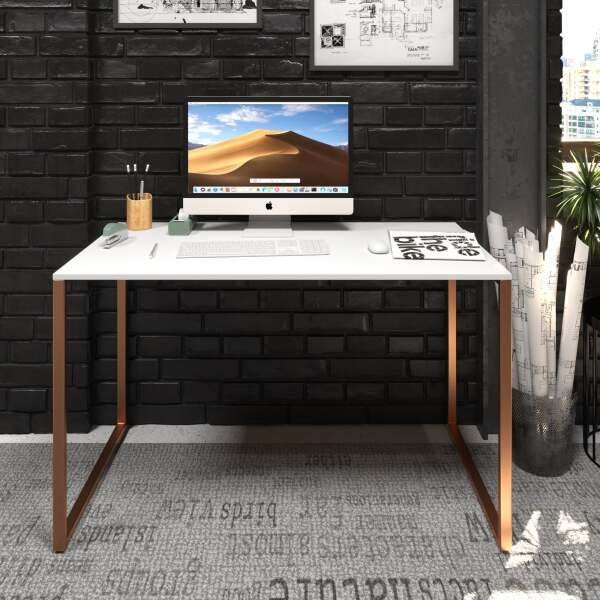 Escrivaninha Escritório Branco com Cobre Industrial Mesa Office 120cm - 1