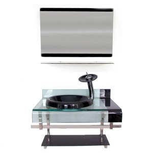 Gabinete de Vidro para Banheiro Preto 80cm Completo com Cuba e Espelheira