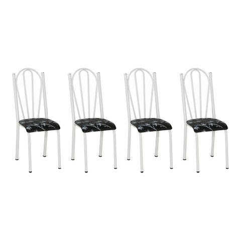 Kit 4 Cadeiras de Cozinha Alasca Estampado Preto Florido Pés de Ferro Branco - Pallazio