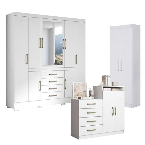 Guarda Roupa Casal Nápole 2045149 e Armário Multiuso 2000191 e Cômoda Londres Branco - Aramóveis