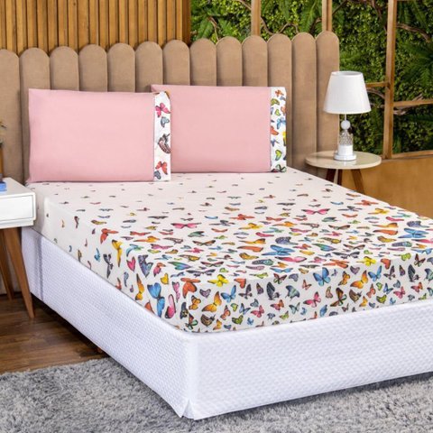 Jogo de Lençol Casal Padrão 3 Peças 100% Algodão Borboletas