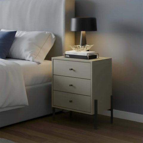 Cômoda de Cabeceira 3 Gavetas com Pintura UV e Pés em Metal 49x62x38cm Taupe