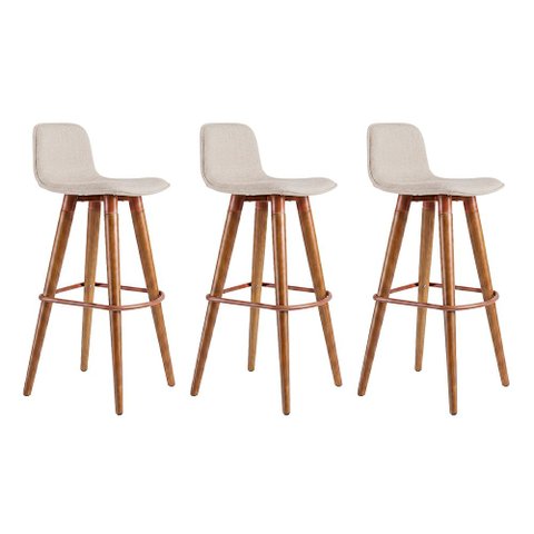 Kit 3 Banquetas Linea Alta Luxo Estrutura Aço Cobre Assento Linho Cozinha Americana - Cobre/Palha