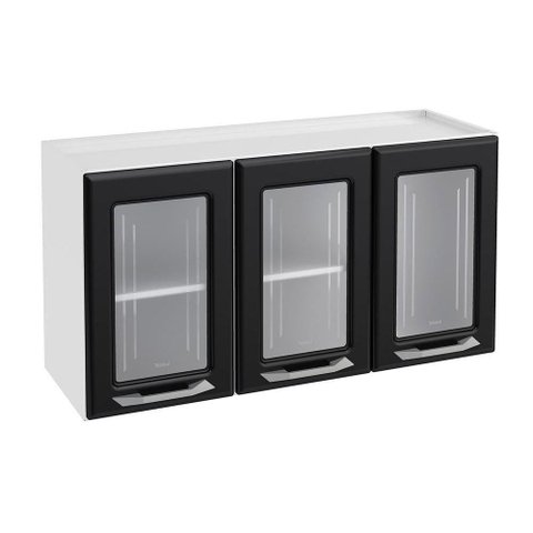 Módulo Cozinha Telasul Topázio Armário 3 Portas c/ Vidro Branco/Preto