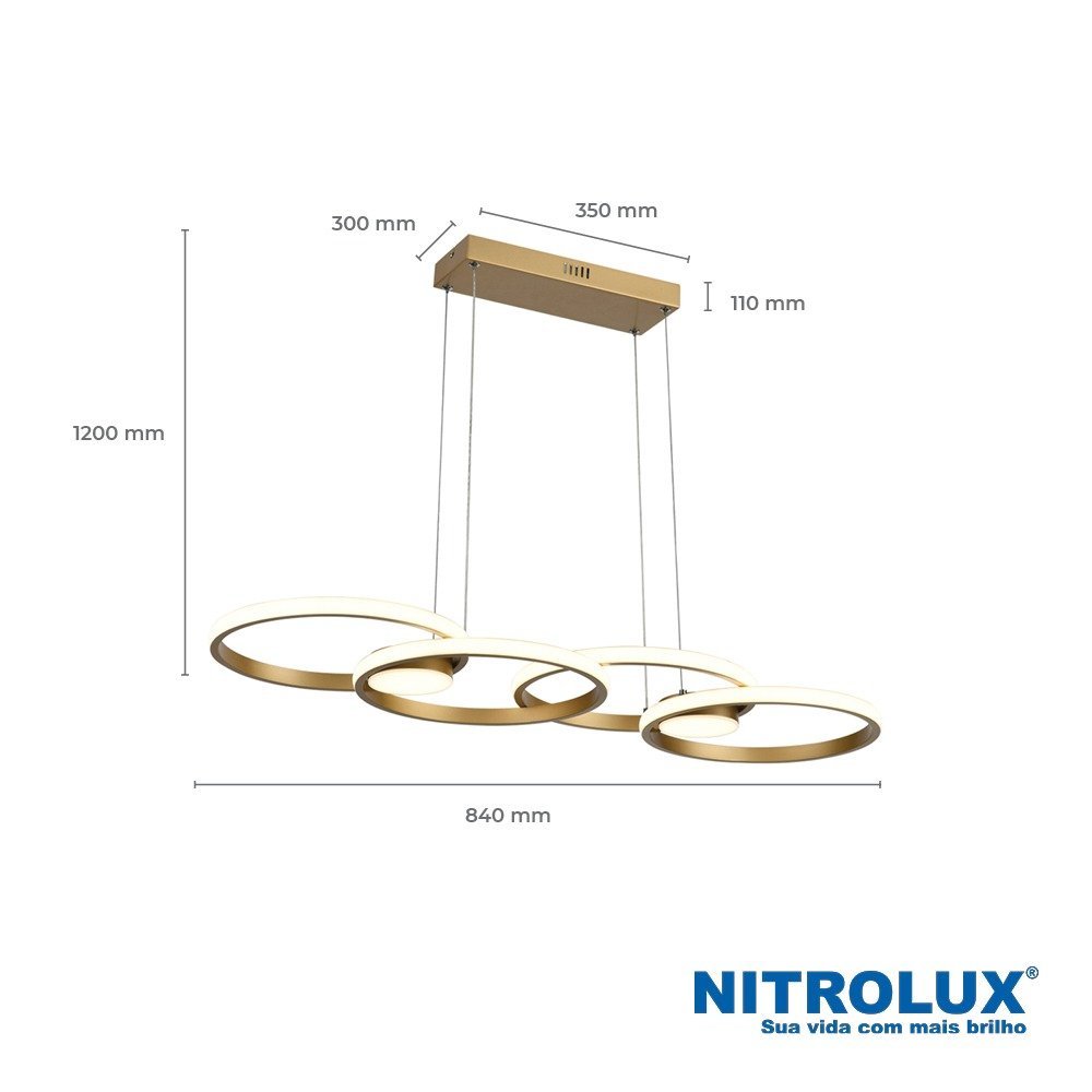 Luminária Pendente Dourado Moderno Led 48W 4000K - 3