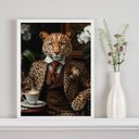 Ver imagem 1 de Quadro Onça Elegante Tomando Café 24x18cm - com Vidro:moldura Branca