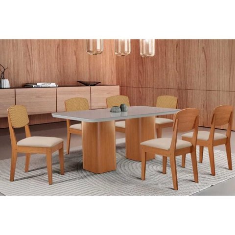 Conjunto Sala de Jantar Maldivas C/ Tampo Madeirado C/ Vidro Canto Curvo 180x90cm e 6 Cadeiras