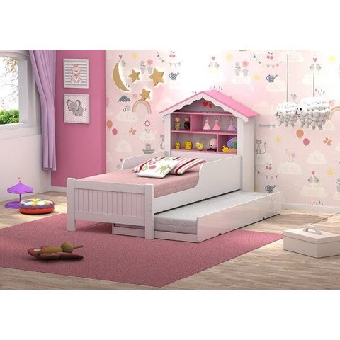 Cama Casinha com cama auxiliar nichos e prateleira Rosa - Vitamov