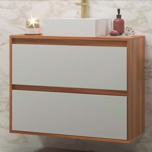 Gabinete para Banheiro com Cuba 80cm Mdf Nogal com Branco Dubai - On Móveis