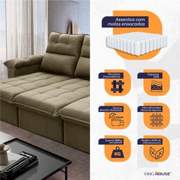 Sofá Retrátil/Reclinável Verona 2,30m Suede Velut Bege c/ Molas Ensacadas - King House - 5