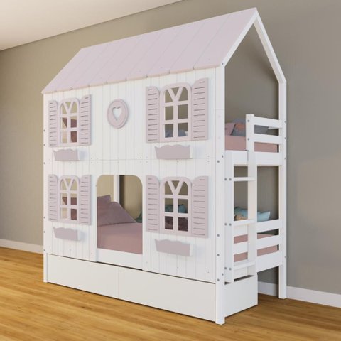 Beliche Casinha Bela com Coração 2 Gavetas 4 Janelas Venezianas - Madeira Maciça Branco/rosa |