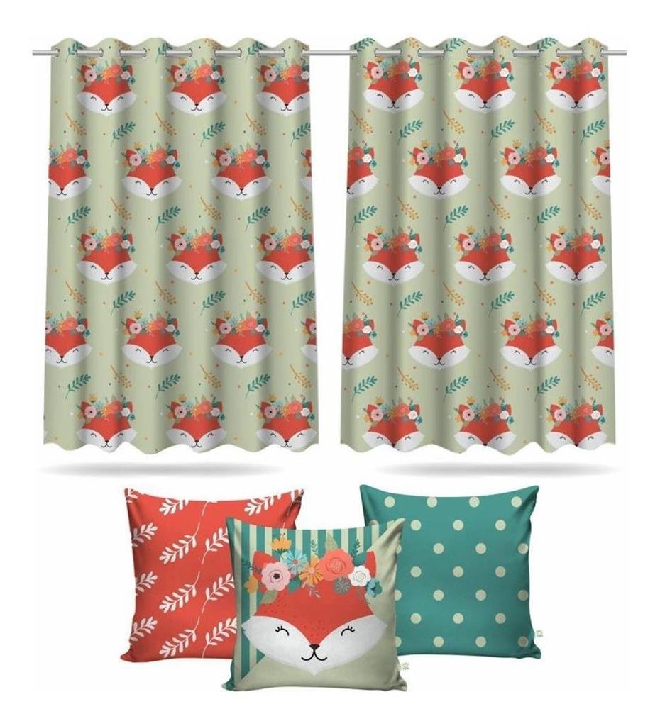 Cortina Infantil Raposinha + 3 Capas Almofadas De Quarto