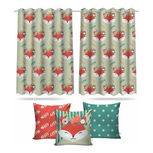Cortina Infantil Raposinha + 3 Capas Almofadas De Quarto
