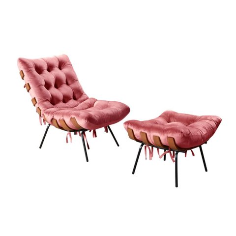 Poltrona Costela com Puff Cor:Suede Rosa 280