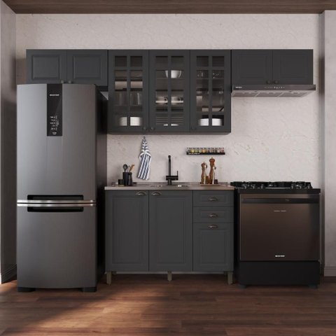 Armário de Cozinha Modulada Compacta Fidelitá Nara 100% MDF 4 Peças 280cm 10 Portas 2 Gavetas sem
