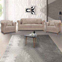 Kit 2 Poltronas e Sofá Living 2 Lugares 1,80m Vênus Linho Areia Pés Castanho - Pallazio - 2