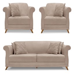 Kit 2 Poltronas e Sofá Living 2 Lugares 1,80m Vênus Linho Areia Pés Castanho - Pallazio - 1