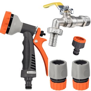 Esguicho Hidropistola 6 Jatos + Engate Rápido 1/2" + Bico Torneira + Torneira de Metal para Jardim 1