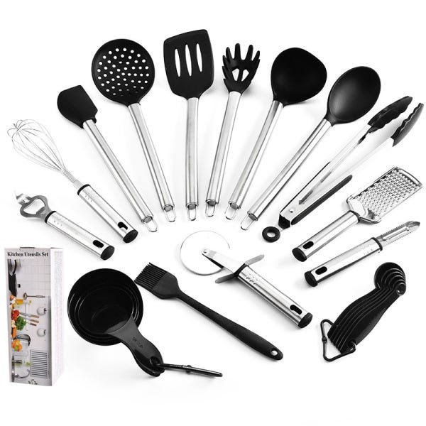 Conjunto de Utensílios De Cozinha Completo Em Silicone e Inox Kit Com 23 Peças