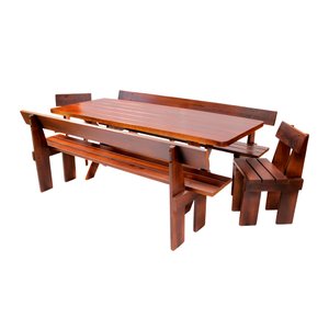 Conjunto Mesa Rústica 2m 2 Bancos e 2 Cadeiras Madeira Maciça Eucalipto Tabaco