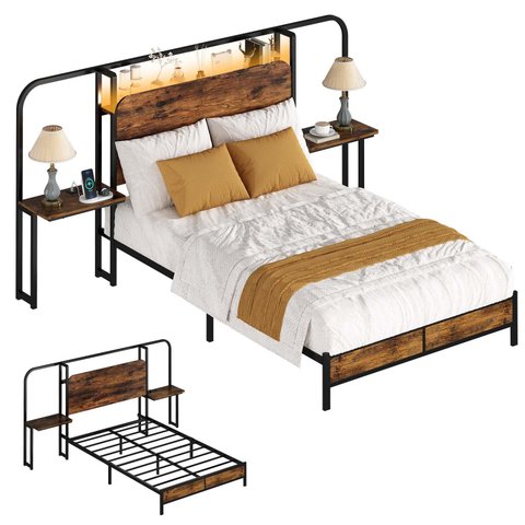 Cama Casal Full 140cm com Cabeceira, Tomadas Usb e Mesas Laterais